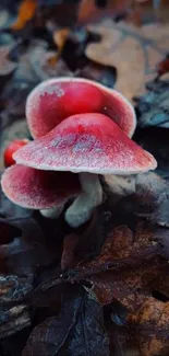 Red mushrooms surrounded by autumn leaves on a forest floor background.