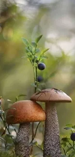 Rustic mushrooms in a tranquil forest scene with berries and greenery.