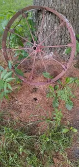 Rustic wheel against a tree surrounded by green grass and leaves.