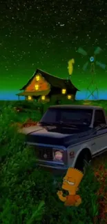 Cartoon character by old truck under stars.