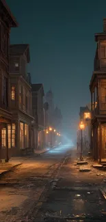 Rustic night street with vintage buildings and warm streetlights.