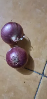 Two red onions on a rustic tan tile floor, creating a natural culinary vibe.