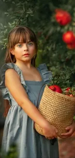 Young girl holding a basket in an orchard.