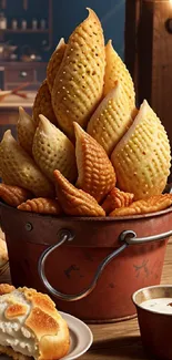 A bucket of rustic pastries in a cozy kitchen setting.