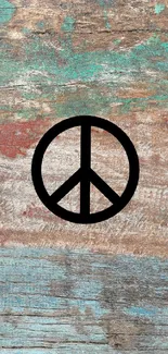 Rustic wallpaper with peace sign on weathered wood texture.