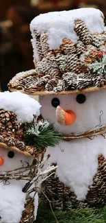 Two rustic pinecone snowmen with hats and greenery accents in winter setting.