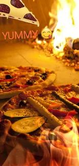 Delicious pizzas baking in a wood-fired oven with vibrant flames.