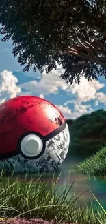 Weathered Pokéball in lush outdoor landscape with greenery and sky.