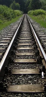 Rail tracks running through lush green landscape, perfect for mobile wallpaper.