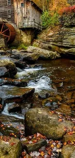 Rustic water mill by flowing river with autumn leaves and rocks.