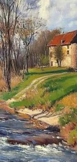 Artistic depiction of a stone house by the river with lush greenery.