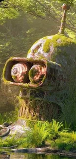 Rustic robot head in lush green forest.