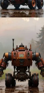 Rusty steampunk robot in misty forest scene.