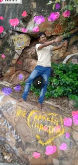 Man rock climbing on brown textured stone wall with greenery.