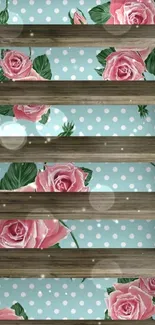 Vintage rose wallpaper with polka dots and wooden texture.