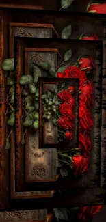 Rustic wooden frames with red roses.