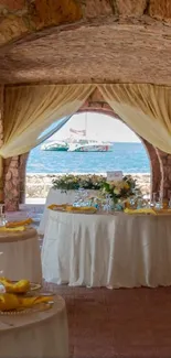 A rustic seaside wedding venue with stone arches and ocean view.