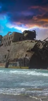 Rusty shipwreck under a vibrant sky on the shoreline.