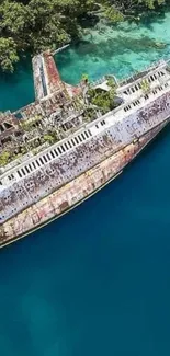 A rustic shipwreck in clear turquoise waters, surrounded by lush greenery.