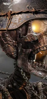 Rustic skeleton with glowing eyes in a military helmet.