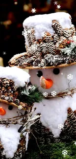 Rustic pinecone snowmen with snowy hats and greenery.