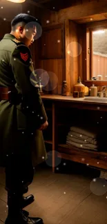 Soldier standing alone in a rustic, wooden room with vintage decor.