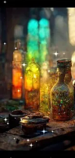 Rustic stained glass bottles on a wooden table with warm light reflections.