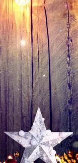 Rustic holiday wallpaper with star and lights.