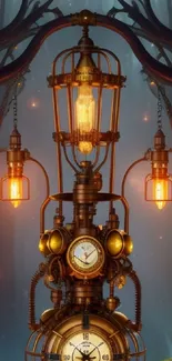 Intricate steampunk clock design with glowing lamps and a forest backdrop.