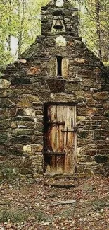 Rustic stone cabin in a lush forest setting displaying natural beauty.