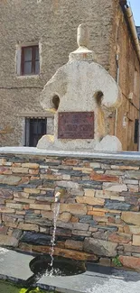 Rustic stone fountain in a sunlit village street with historical charm.