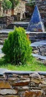 Rustic stone garden with lush greenery.