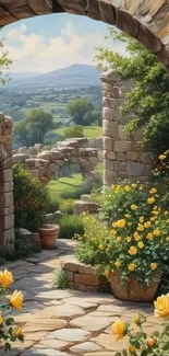 Rustic garden with stone arches and yellow flowers.