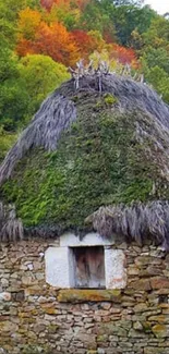 Rustic stone hut surrounded by vibrant autumn foliage.