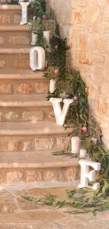 Rustic stone stairs with LOVE decor and greenery.