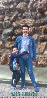 Family posing in front of a rustic stone wall waterfall in a natural outdoor setting.