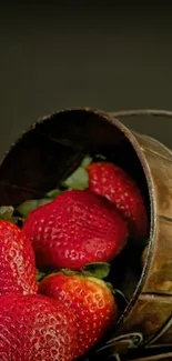 Rustic mobile wallpaper with strawberries in a wooden basket.