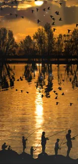 Rustic sunset with fishing silhouettes by glossy water, birds in the golden sky.