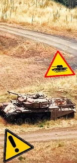 Tank in a rustic landscape with caution signs.