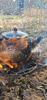 Teapot on a campfire with glowing embers.