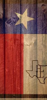 Rustic wooden Texas flag wallpaper with red, white, and blue hues.