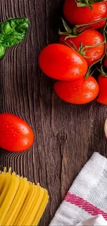 Tomatoes and pasta on a rustic wooden table