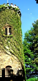 Stone tower covered in green foliage with blue sky background.