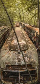 Abandoned rusty trains in lush forest landscape, creating a serene atmosphere.