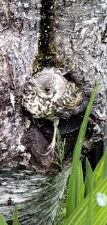 Tree trunk with green leaves in nature.