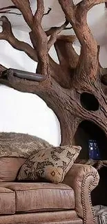 A rustic tree-themed living room with a cat resting on branches.