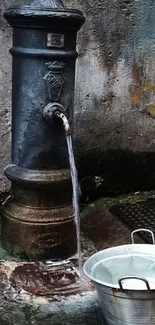 Old water pump with basin in rustic urban setting.