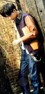 Man leaning against rustic wooden and brick wall in urban setting.