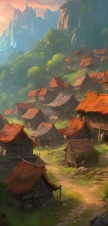 A rustic village with red roofs in a lush green valley under blue skies.