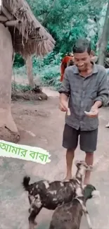 Man feeding goats in a rustic village setting with greenery.